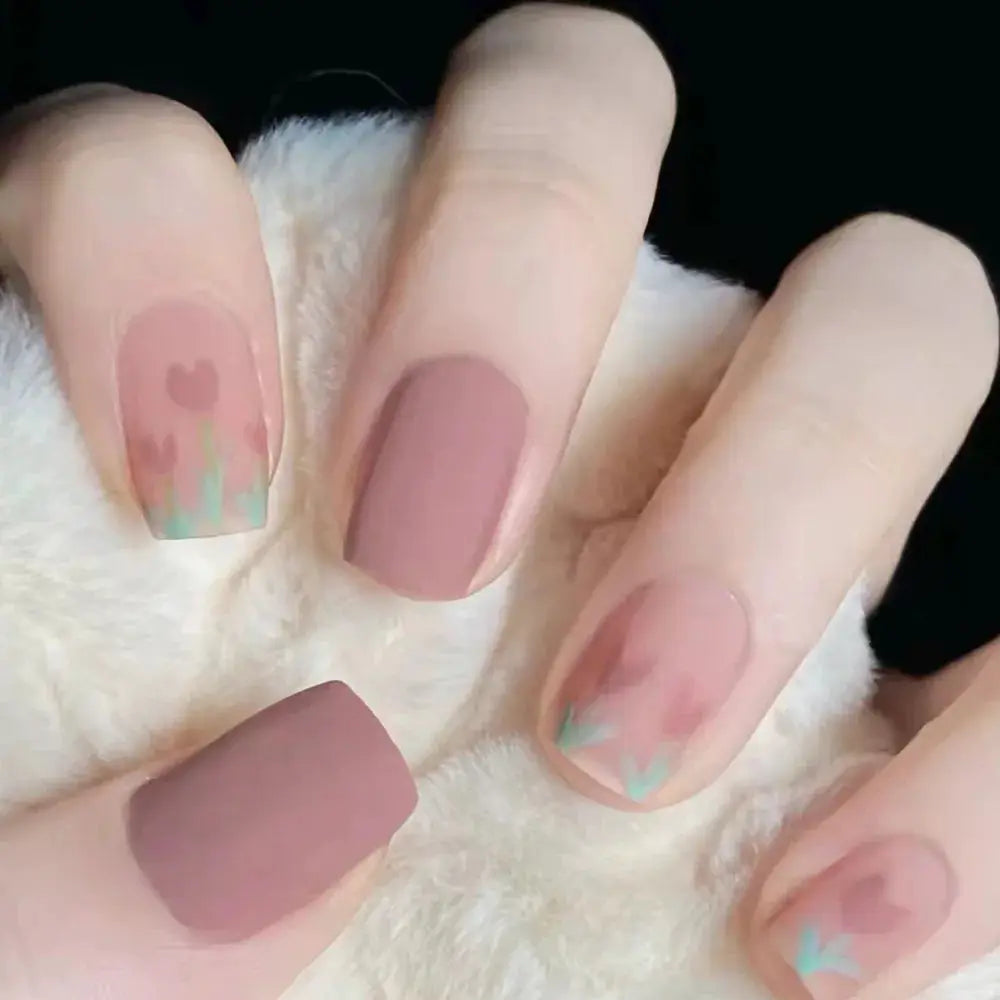 Short Almond Press On Nails | Pink Floral French | Reusable Full Cover | 24 Pcs