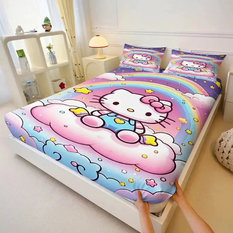 3Pcs Kawaii Hello Kitty Fitted Sheet Set With 2 Pillowcases purple Bed Sheet Soft Deep Pocket Bedding for Girls Bedroom Decor from PriceLows™