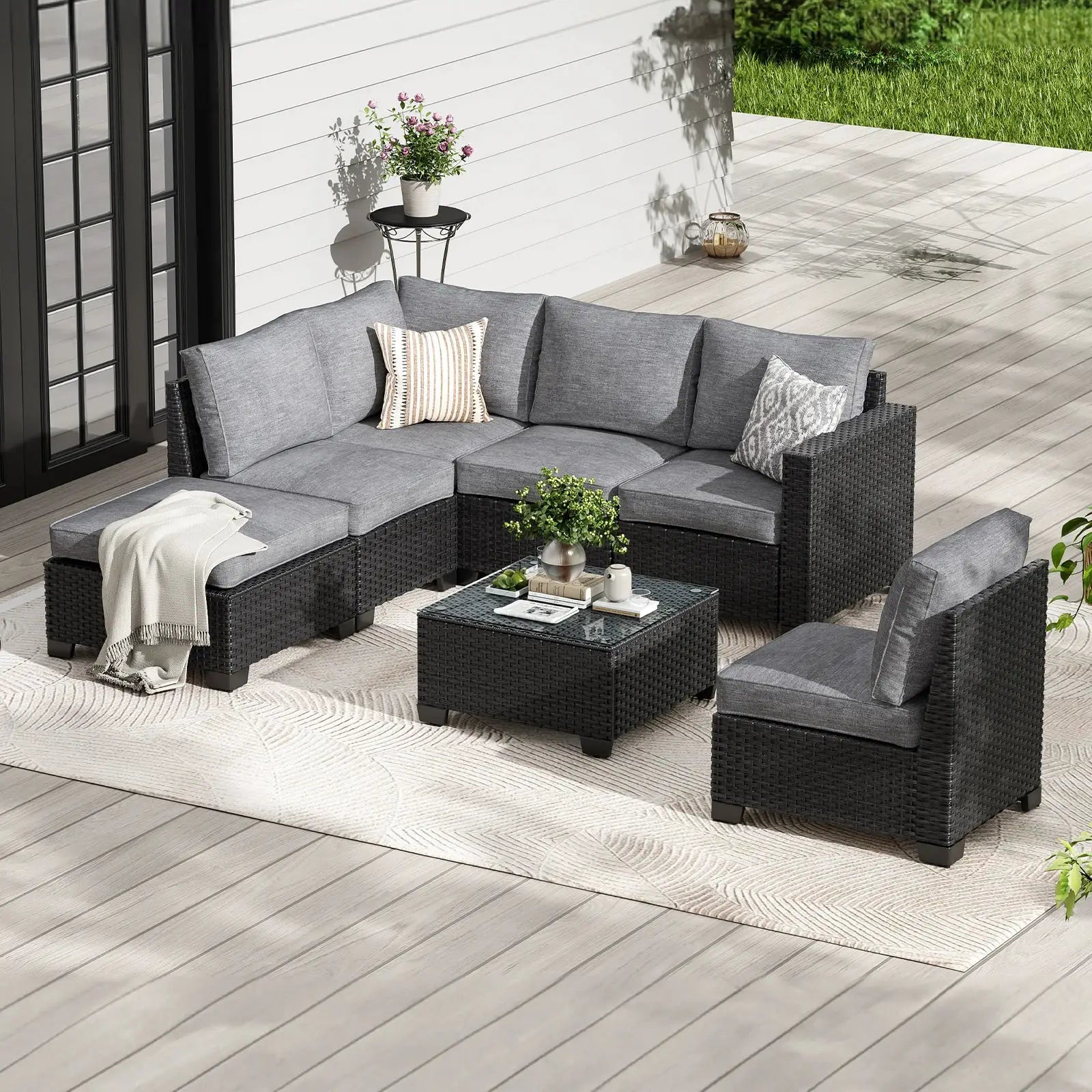 Farini Patio Sectional Sofa Set, Outdoor Furniture with Ottoman, Water/Oil/Stain-Resistant Fabric, Dark Gray Cushion + Gray Wick from PriceLows™