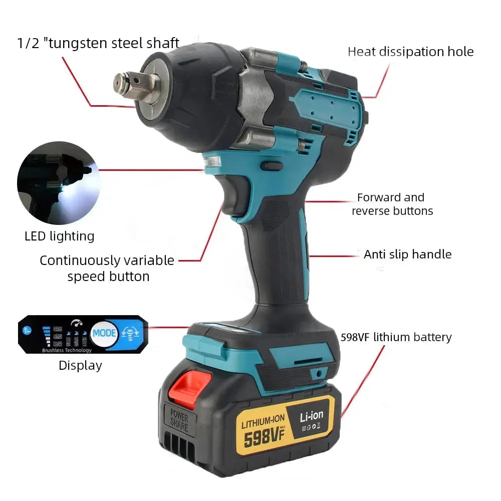 1800N.m High Torque Brushless Electric Impact Wrench 1/2'' Cordless Power Tool for Auto Repair Screwdriver Nut Remover For Makita 18V Battery Pin from PriceLows™
