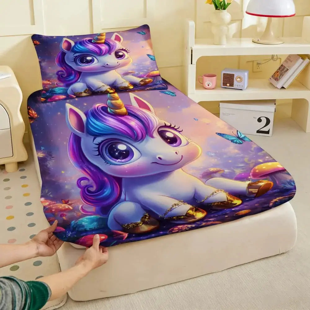 Enchanted Forest Unicorn & Mushroom Print Fitted Sheet Deep Pocket Elastic Mattress Cover Single Double Queen King Bedroom Decor from PriceLows™