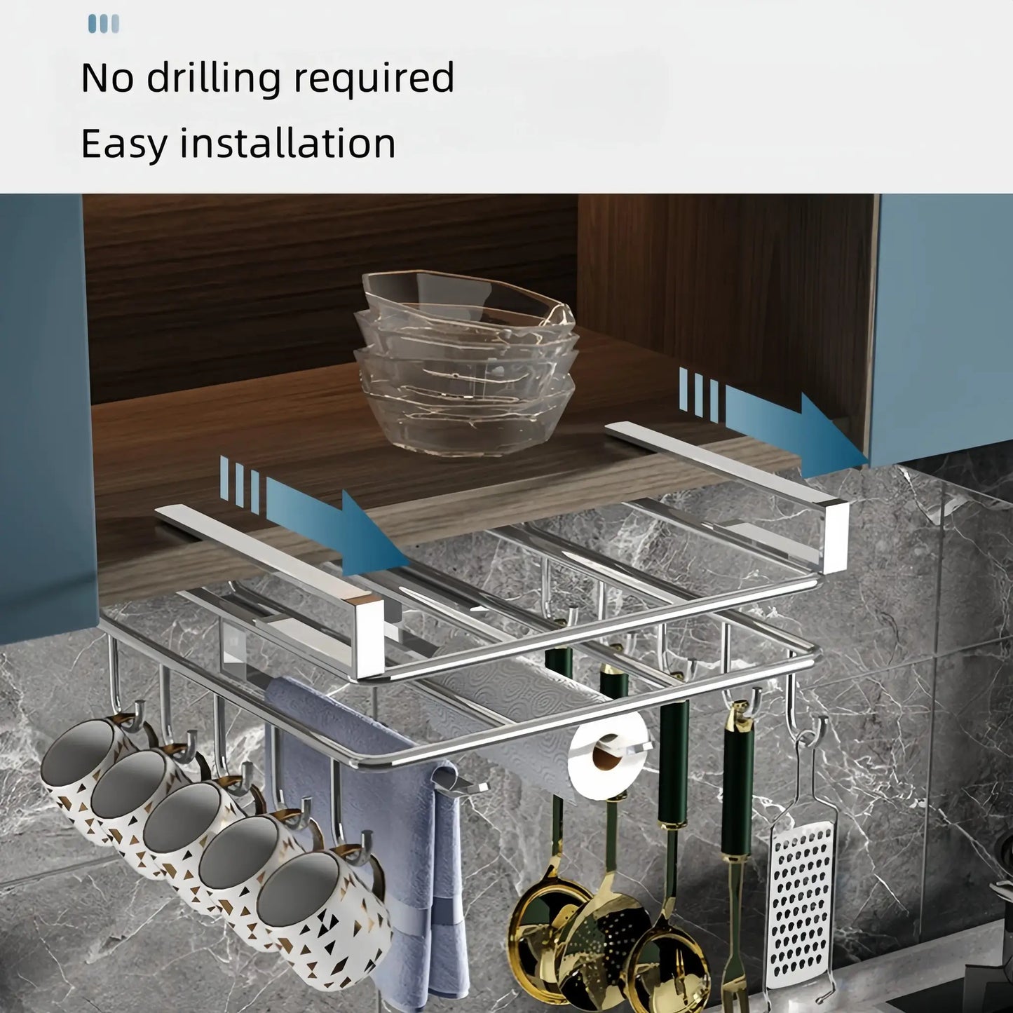 Stainless Steel Hanging Kitchen Storage Rack with Hooks Utensils Holder Shelf from PriceLows™