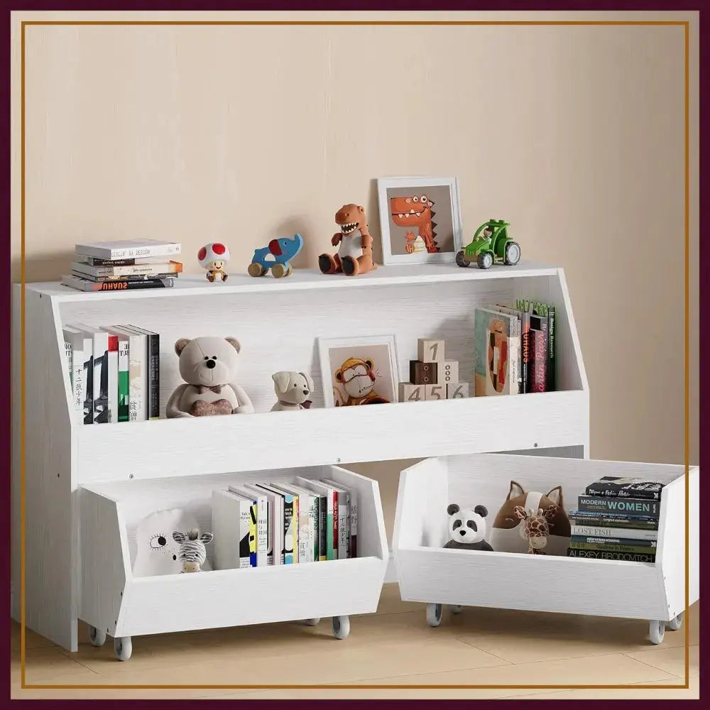 Large Toy Bin Bookcase with Two Drawers, Storage Cabinet on Wheels for Playroom, Bedroom, Nursery (White Oak, Regular) from PriceLows™