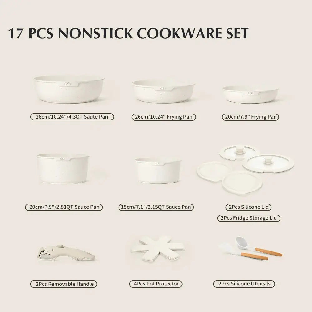 17 Piece Nonstick Skillet and Saucepan Set with Silicone Lid and Utensils Induction, Detachable Handle, Oven Available, Beige from PriceLows™