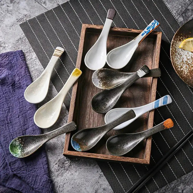 Ceramic Spoon Japanese Retro Bone China Green Black 14.5*4.5cm Rice Scoop Tableware Household Kitchen Supplies Dinnerware from PriceLows™