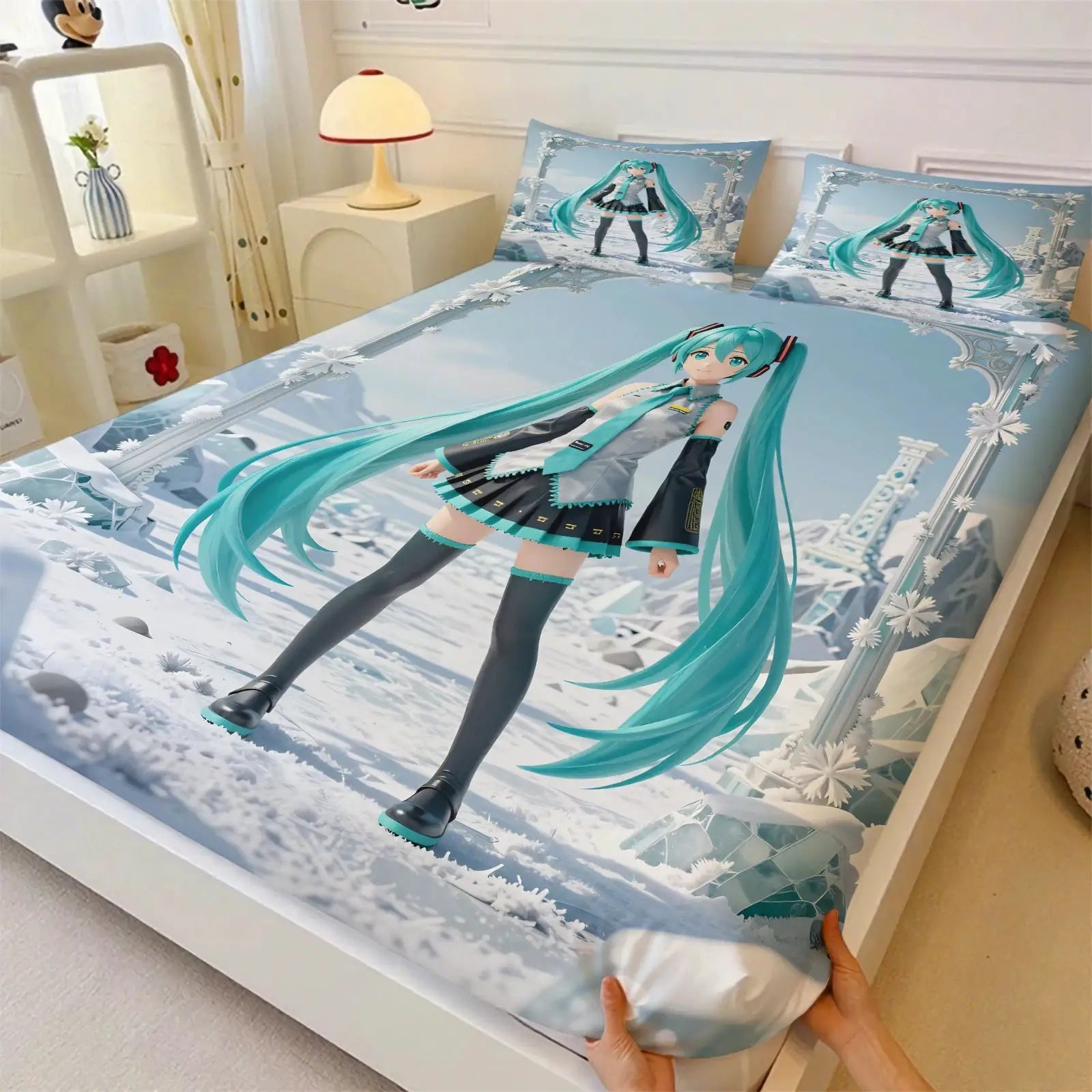 3Pcs Hatsune Miku Fitted Sheet Set with 2 Pillowcases Ice Palace Anime Bedding Set Soft Deep Pocket for Fan & Teen Bedroom Decor from PriceLows™