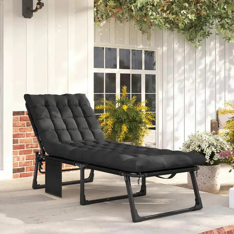 Outsunny Folding Chaise Lounge Chair Outdoor Tanning Chair with 5-Position Backrest, Cushion, Side Pocket, Black from PriceLows™