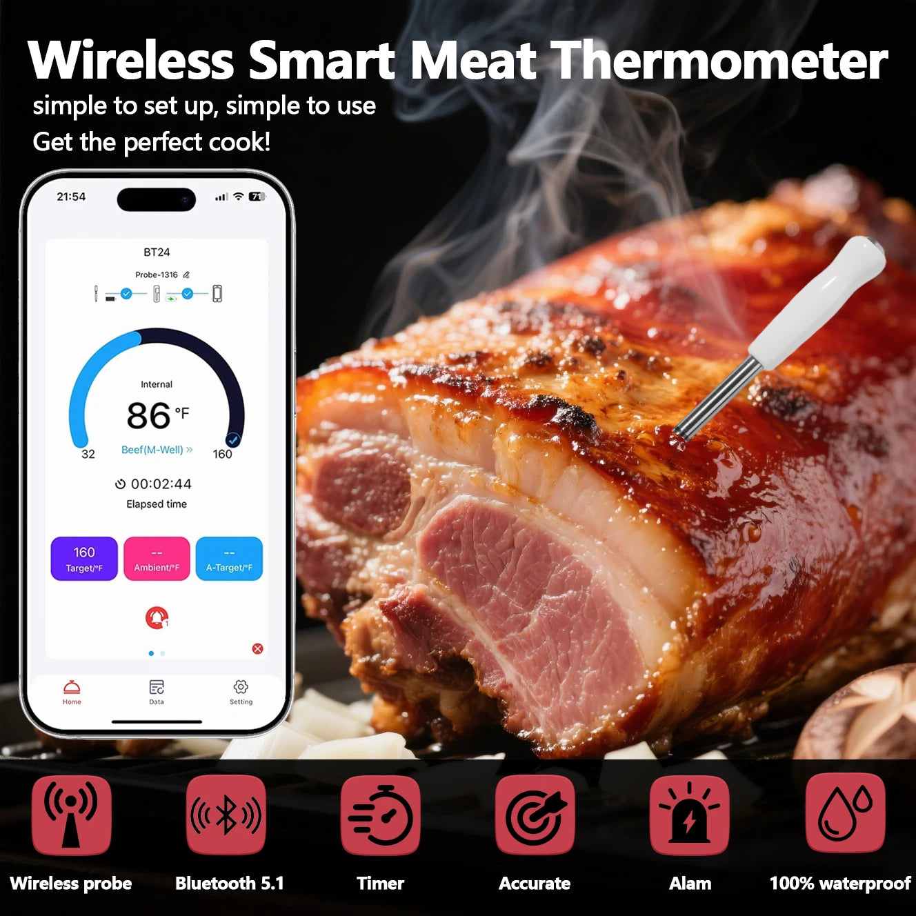 Meat Thermometer | Wireless Bluetooth 5.1 | 500ft Range, IP67 | App Control