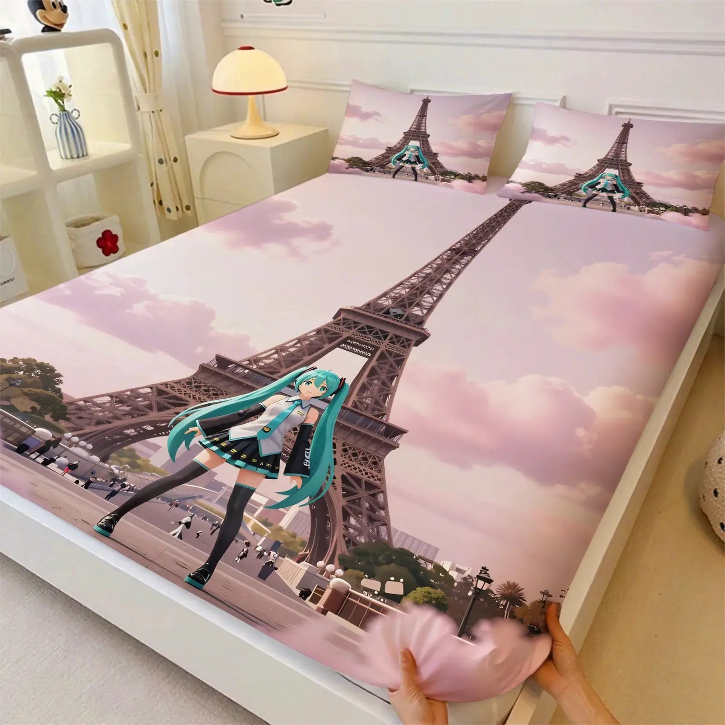 3Pcs Hatsune Miku Fitted Sheet Set with 2 Pillowcases Ice Palace Anime Bedding Set Soft Deep Pocket for Fan & Teen Bedroom Decor from PriceLows™