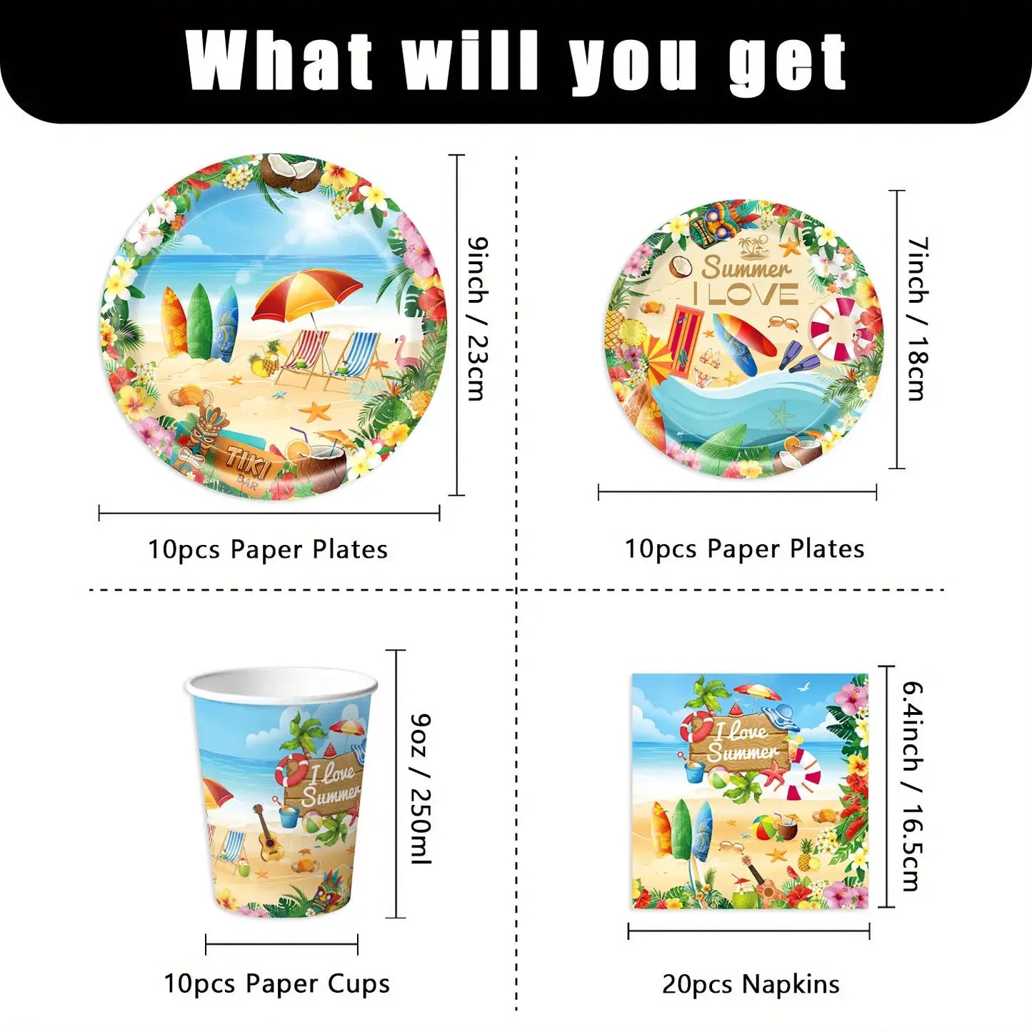 Summer Beach Party Tableware Set | Paper Plates Cups Napkins With Tablecloth