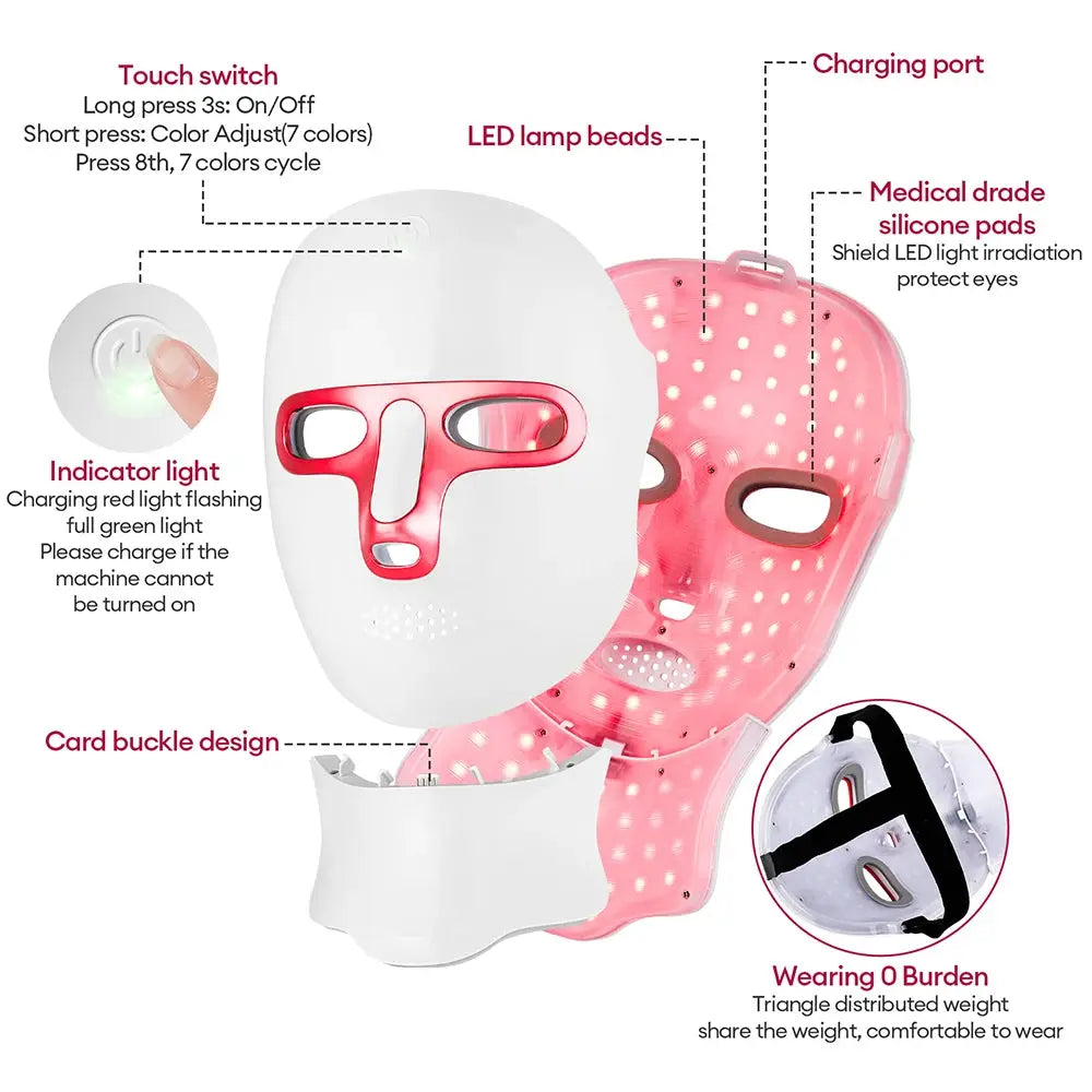 Wireless 7 Colors LED Face Neck Mask Rechargeable Photon Therapy Mask Red Light Skin Tightening Lifting Facial Beauty Device Home SPA Facial Care Machine from PriceLows™