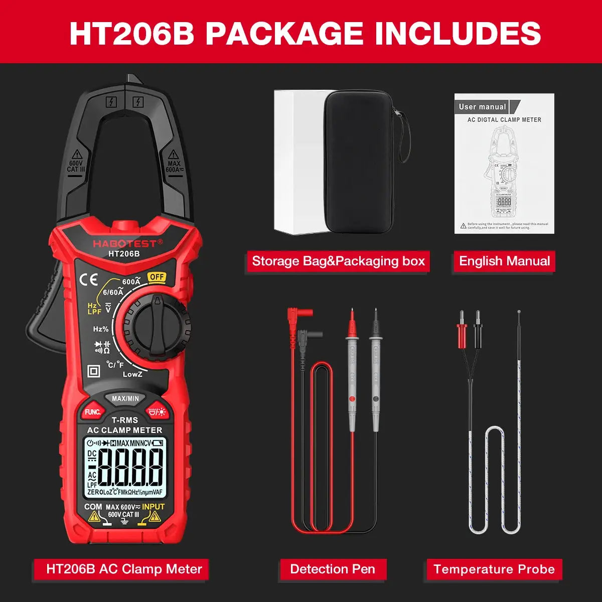 HABOTEST HT206 Clamp Meter DC/AC Current 600A Digital Clamp Meter Ammeter Voltage Tester Amp Hz Capacitance NCV Ohm Test from PriceLows™