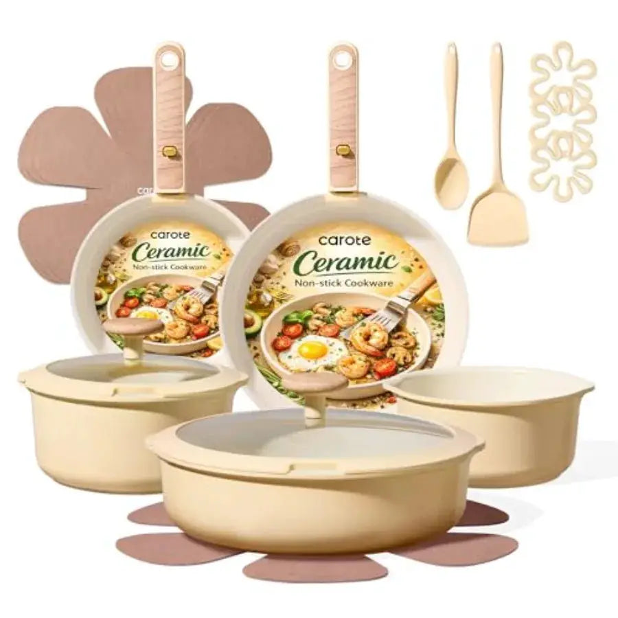 18Pcs Ceramic Cookware Set with Detachable Handle, Pots and Pans Set Non Stick, Non Toxic Cookware Set Removable Handles, Induc from PriceLows™