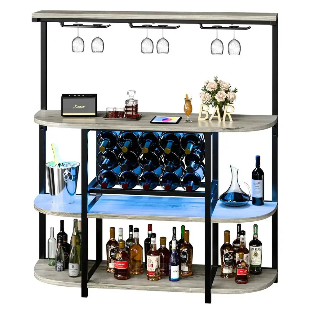 Wine Bar Cabinet with Power Outlet and LED Lights, Home Bar Cabinet Table for Liquor, Freestanding Wine Racks with 4Tier Storag from PriceLows™