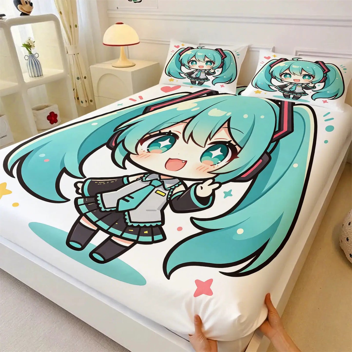 3Pcs Hatsune Miku Hanfu Style Fitted Sheet Set Ink Wash Anime Bed Cover with Pillowcases Deep Pocket Teens Fans Room Decor Gift from PriceLows™