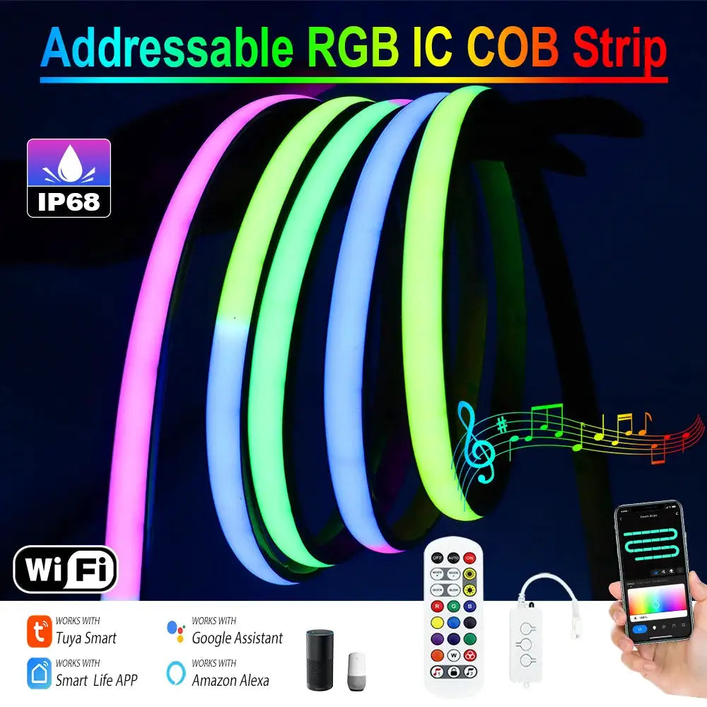 12V 24V IP68 RGBIC COB LED Strip Light WS2811 Addressable Pixel LED Strip Waterproof WiFi Tuya RGB IC LED Tape For Outdoor Decor from PriceLows™