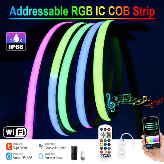 12V 24V IP68 RGBIC COB LED Strip Light WS2811 Addressable Pixel LED Strip Waterproof WiFi Tuya RGB IC LED Tape For Outdoor Decor from PriceLows™