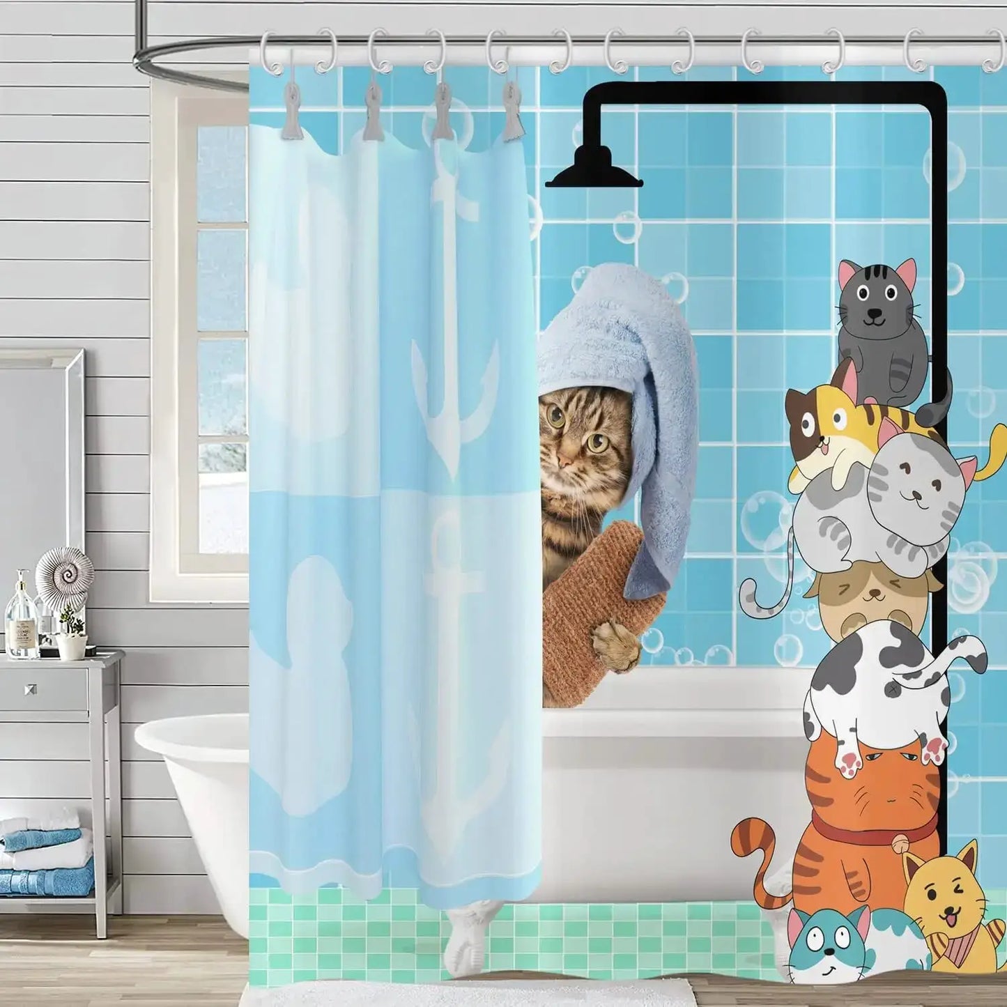 Cute Cat Blue Children Shower Curtain Waterproof Washable Polyester Material Bathroom Decorative Curtain with Hook from PriceLows™