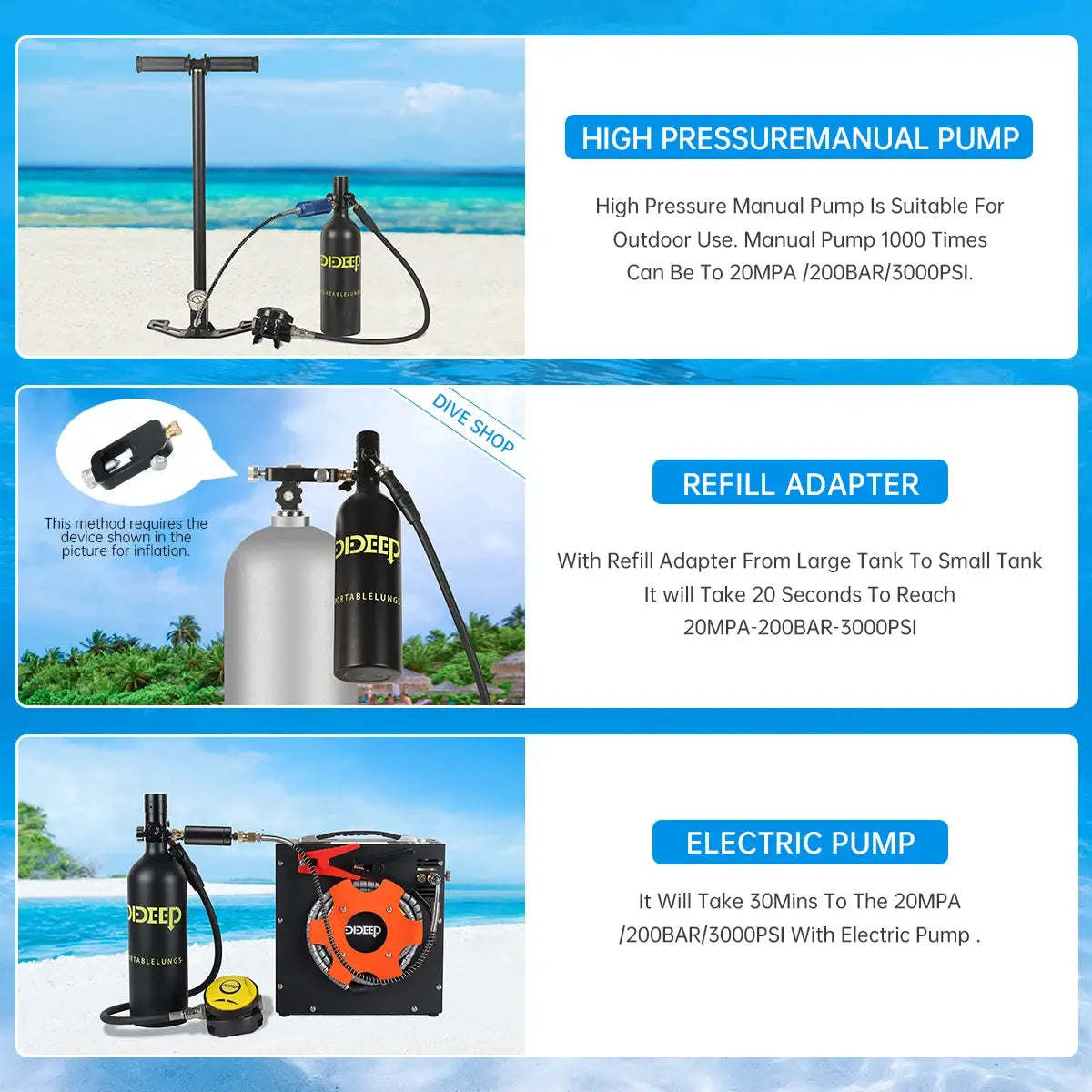 Mini Scuba Tank Set | 1 Liter Capacity | 3000 PSI | 3 Piece Set