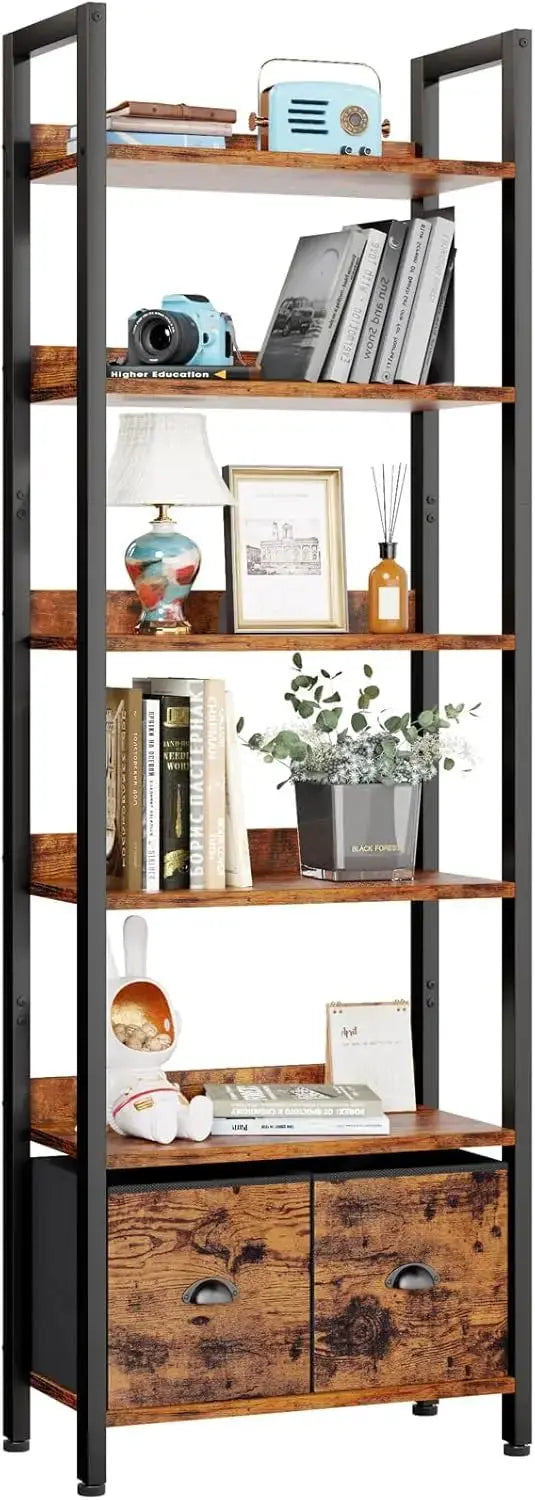 71" Rustic Brown 6-Tier Bookcase with 2 Drawers, Industrial Wood and Metal Storage Shelf for Home Office and Bedroom from PriceLows™