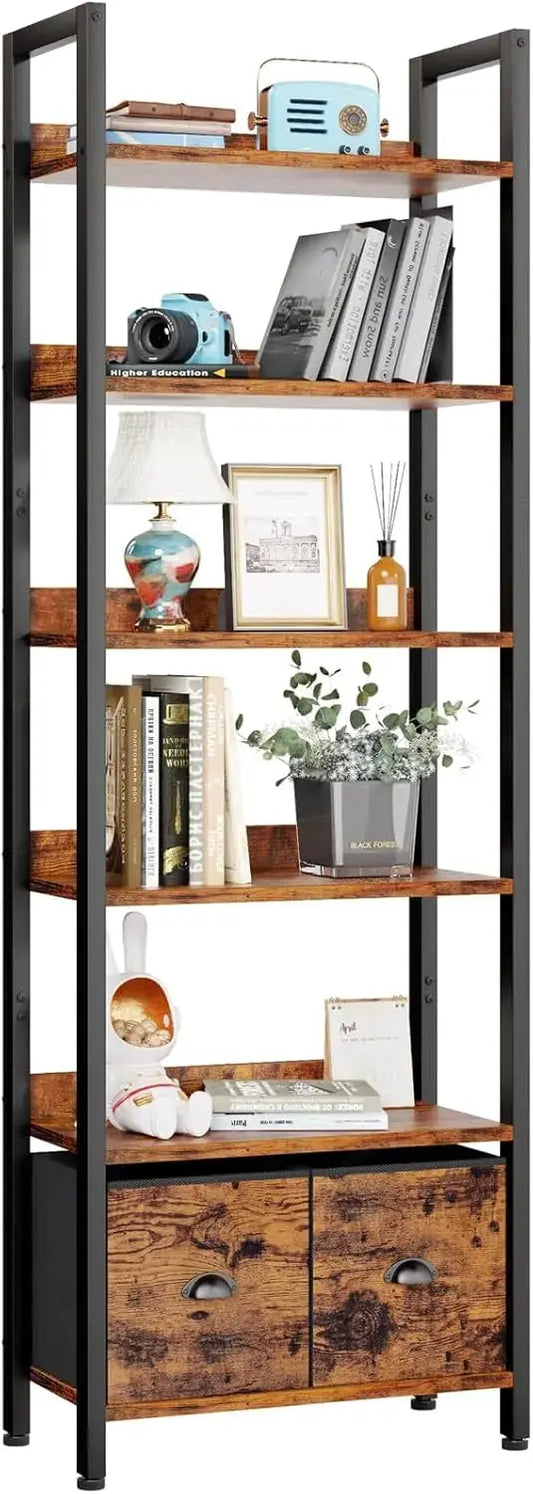 71" Rustic Brown 6-Tier Bookcase with 2 Drawers, Industrial Wood and Metal Storage Shelf for Home Office and Bedroom from PriceLows™