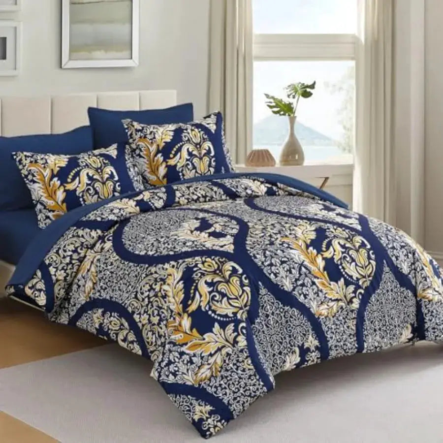 Navy Blue Gold Comforter Set Queen Size 7 Pieces Bohemian Damask Comforter Set Soft Lightweight Microfiber Bedding Set for All from PriceLows™