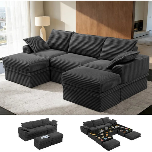 Upgrade Boneless Couch with Storage, Extra Deep&High Seat Sectional Sofa 3 Seater U Shaped Cloud Couch with Ottoman, ，Customized from PriceLows™