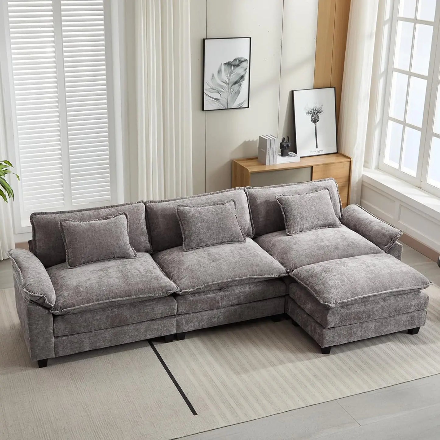 Sectional Sofa | L-Shaped With Ottoman | Chenille Fabric | Seating For Four