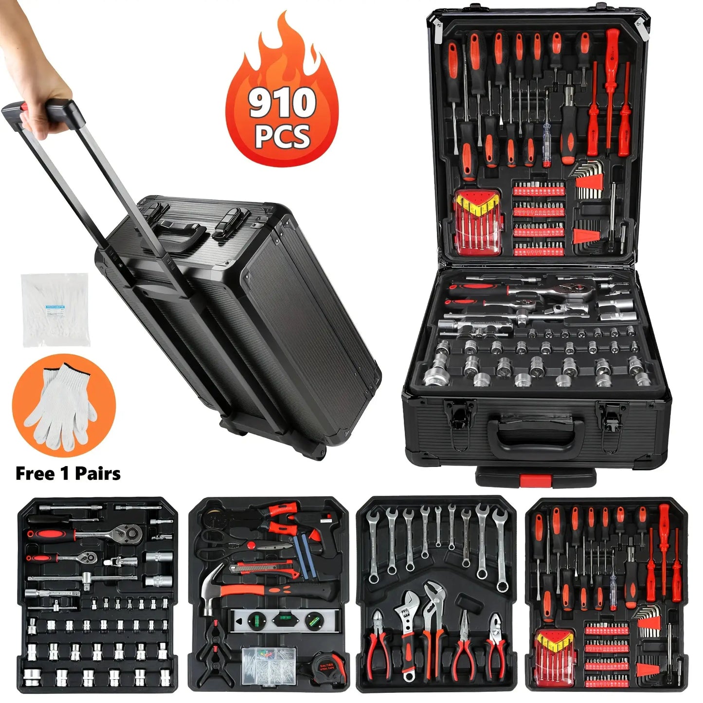 910pcs Aluminum Trolley Case Tool Set with Wheels, Four-Layer Tool Kit with Rolling Tool Box, Portable Toolbox Storage Case with Drawer for Repair Gift On Father's Day Christmas Stuff Valentine's Day Gifts from PriceLows™