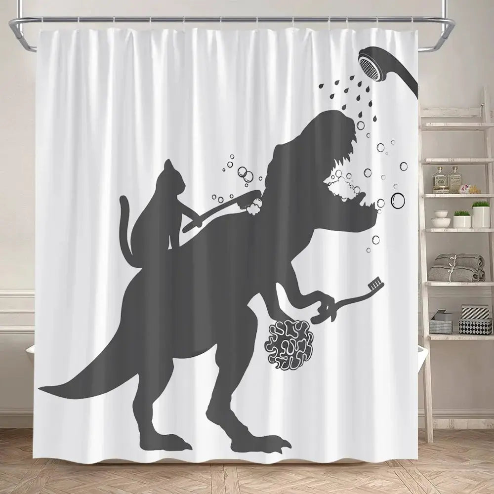 Funny Bathing Dinosaur Shower Curtains Black Cat Animal Silhouette Kids Bath Curtain Modern Polyester Bathroom Decor with Hooks from PriceLows™