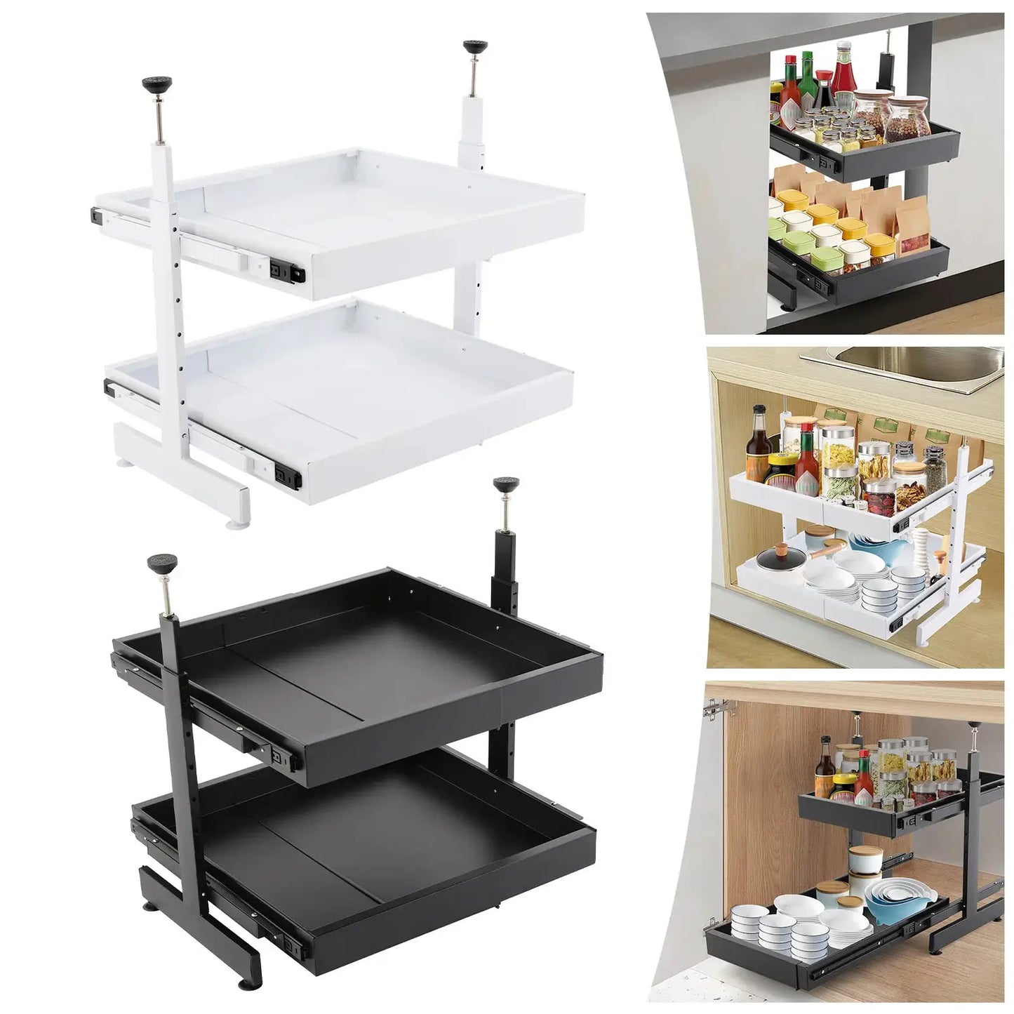 Carbon Steel Expandable Pull out Cabinet 2 -Tiers Organizer Pull Out Drawers for Cabinets Slide Out Cabinet Organizer from PriceLows™