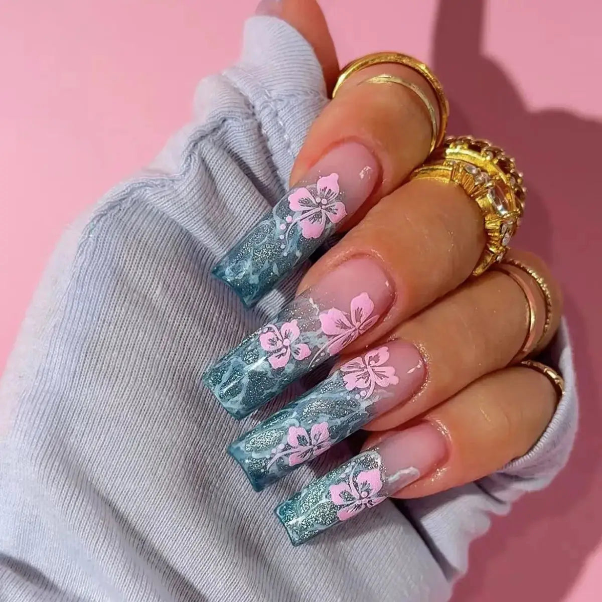 Press On Nails | Resin Coffin Shape | French Floral Print | 24 Pieces