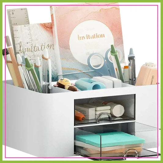 Pen Organizer with 2 Drawer, Multi-Functional Pencil Holder for Desk, Desk Organizers with 5 Compartments + Drawer for Office Art Supplies, White from PriceLows™