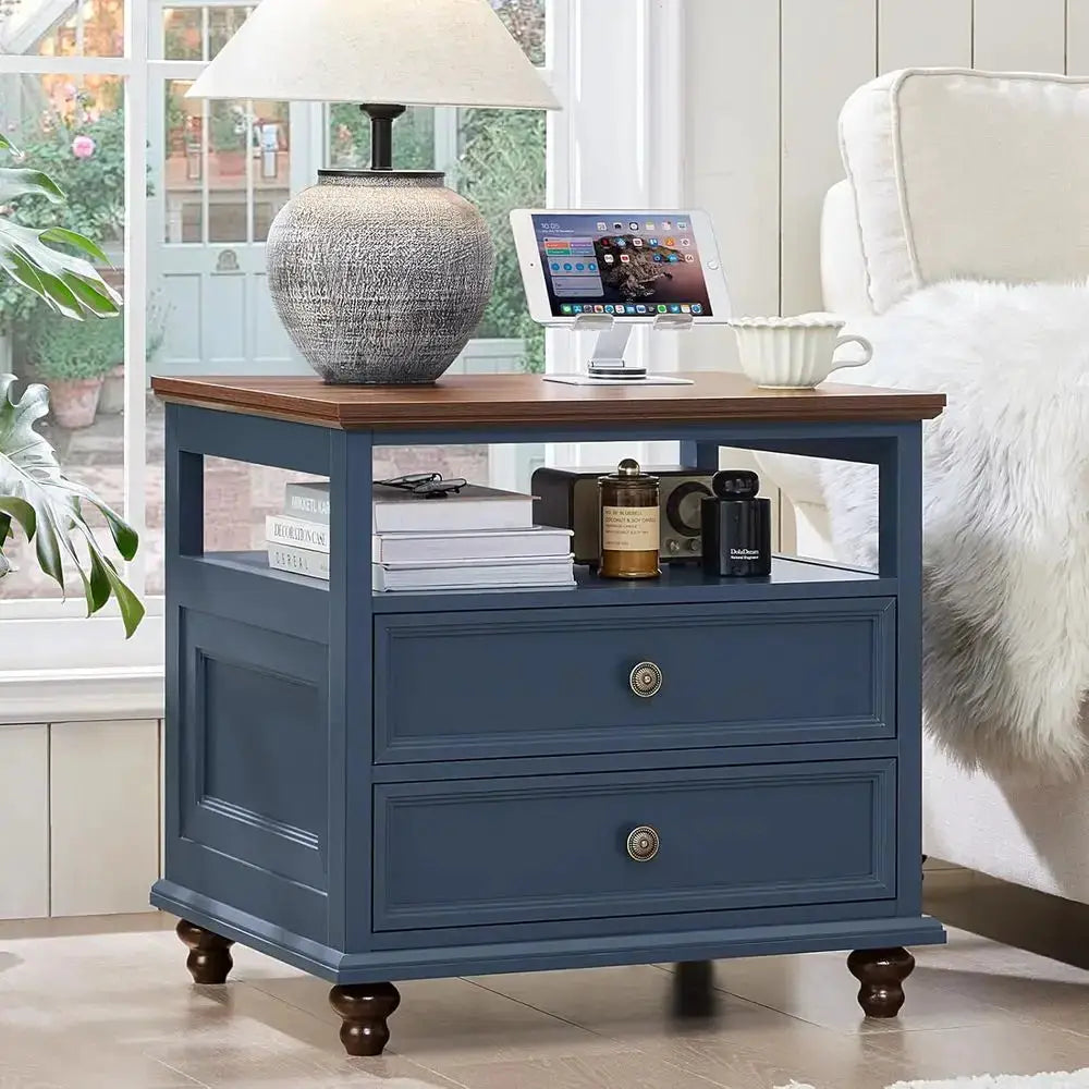 24 Wide Armhouse Nightstand, Large End Table with 2 Drawers and Metal Handle, Wood Drawer or Bedroom, Blue Bedside Table Chest o from PriceLows™