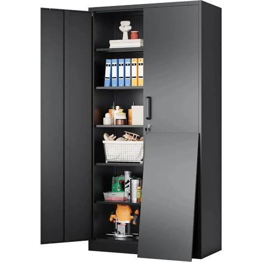 Metal Storage Cabinet with 2 Doors and 6 Shelves,72x36x18 Wide & Deep Garage Storage Cabinet,Tall Black Locking Metal Cabinets from PriceLows™