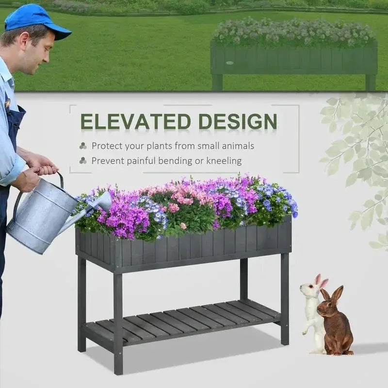 Wooden Raised Garden Bed, Elevated Planter Box Stand with 8 Slots and Open Shelf, Dark Gray from PriceLows™