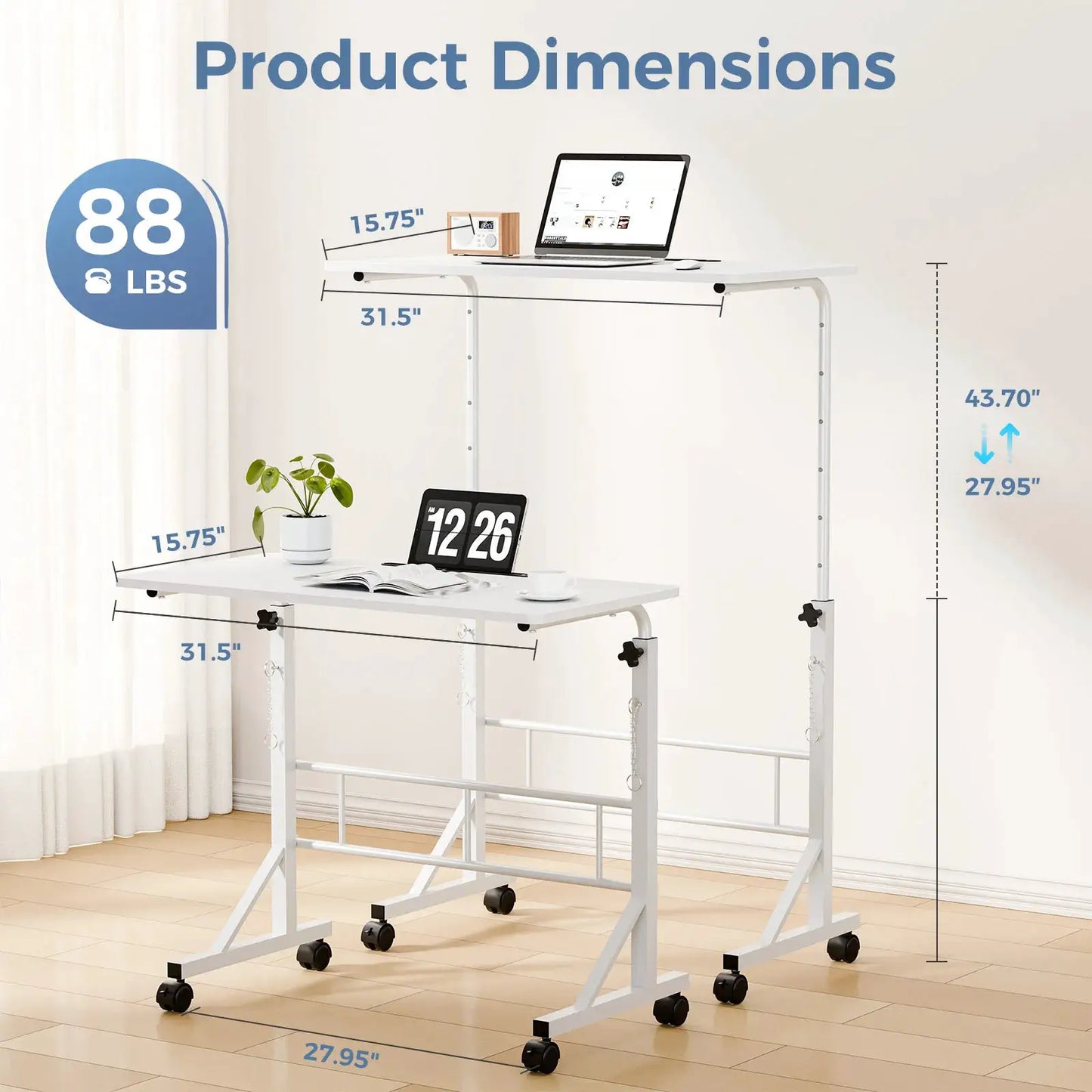 JHK 31.5" Adjustable Height Mobile Desk with Locking Wheels Pin-Lock Portable Computer Desk Laptop Workstation for Walking Pad Active Home Office from PriceLows™