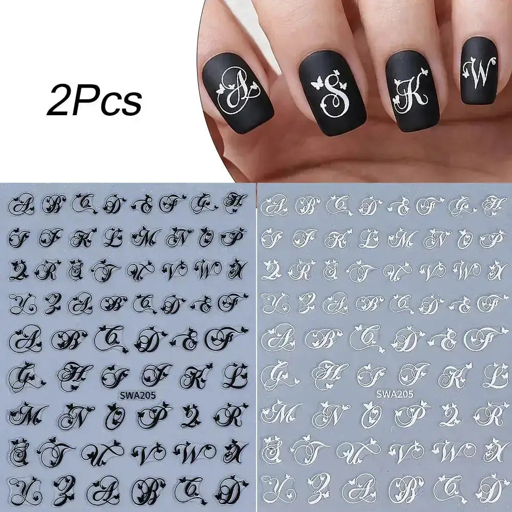 2Pcs Black White English Letter Alphabet 3D Nail Art Stickers Nail Decals with Love Heart Simple Style DIY Manicure Decorations from PriceLows™