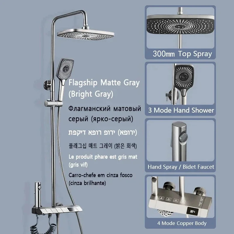 Shower Set | LED Display Brass | Bar Shape Polished | Black White Gray