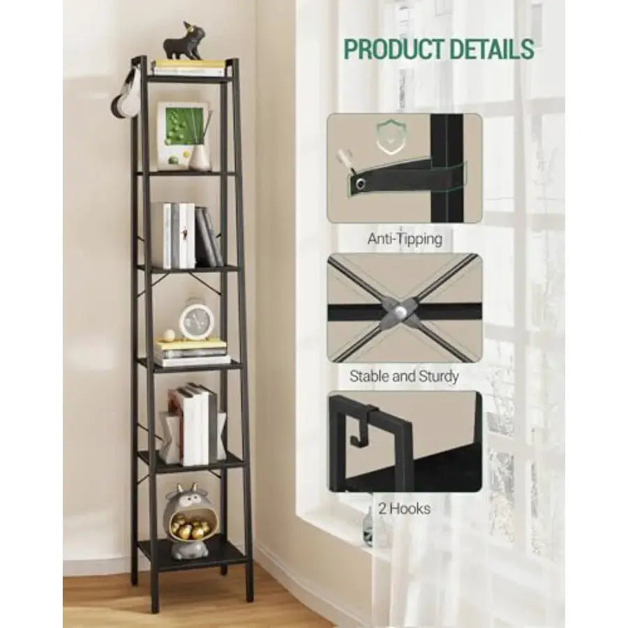 Ladder Shelf, Bookshelf Bookcase, Freestanding Corner Storage Shee with 2 Hooks for Home Office, Living Room, Kitchen, Bedroom, from PriceLows™