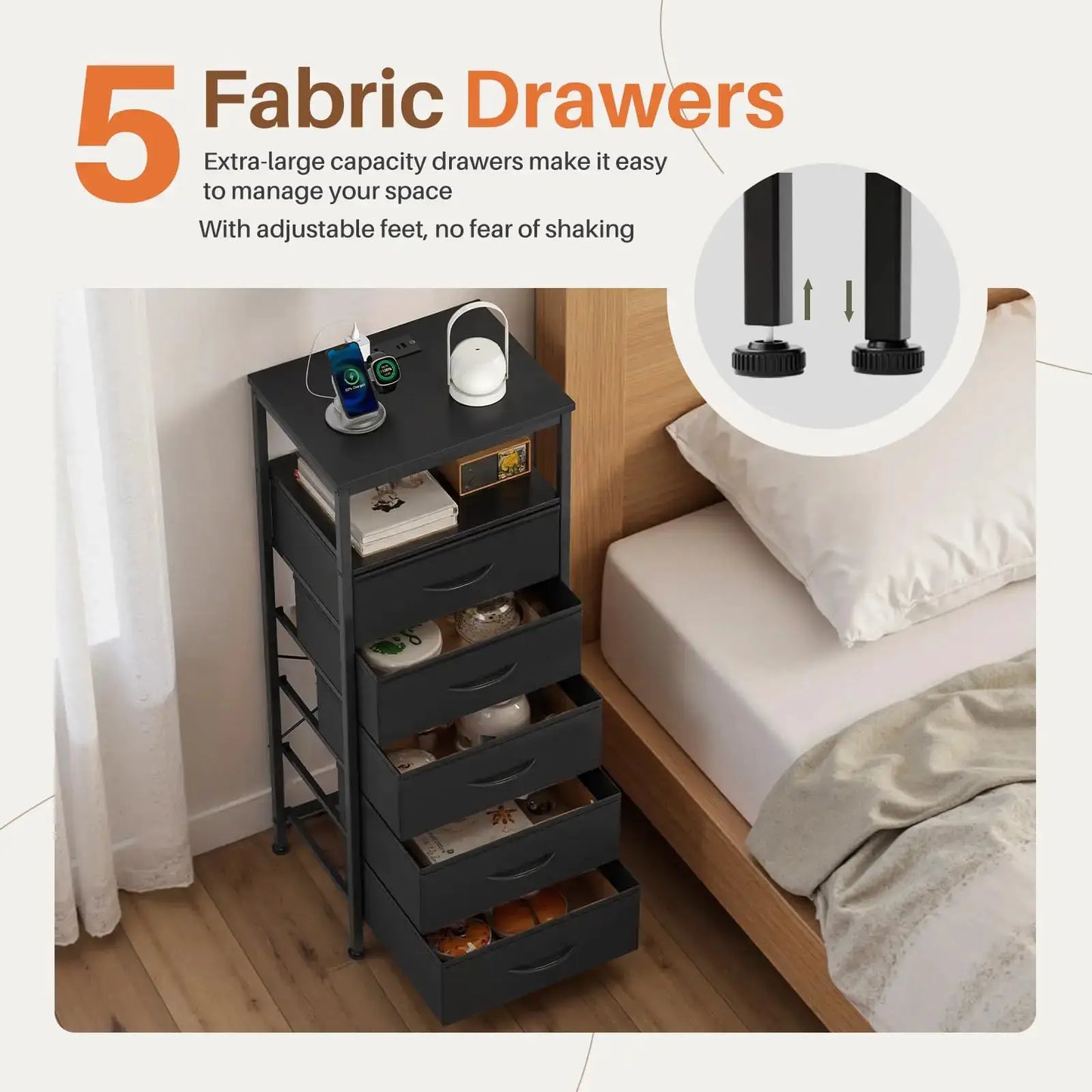JHK 5 Fabric Drawers Dresser For Bedroom Nightstand with Charging Station and Outlets Adjustable Feet and Variable Light Strip from PriceLows™