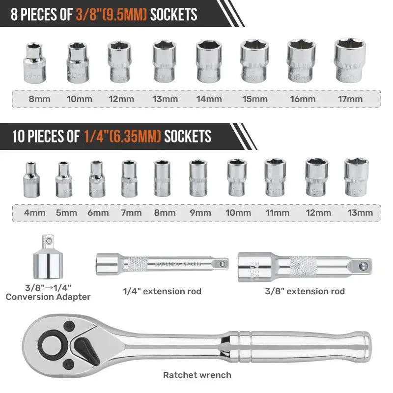 46/22pc 1/4" & 3/8" Drive Socket Set Heavy Duty Cr-V Ratchet Wrench Kit Professional Mechanic Tool Set for Auto & Home Repair from PriceLows™