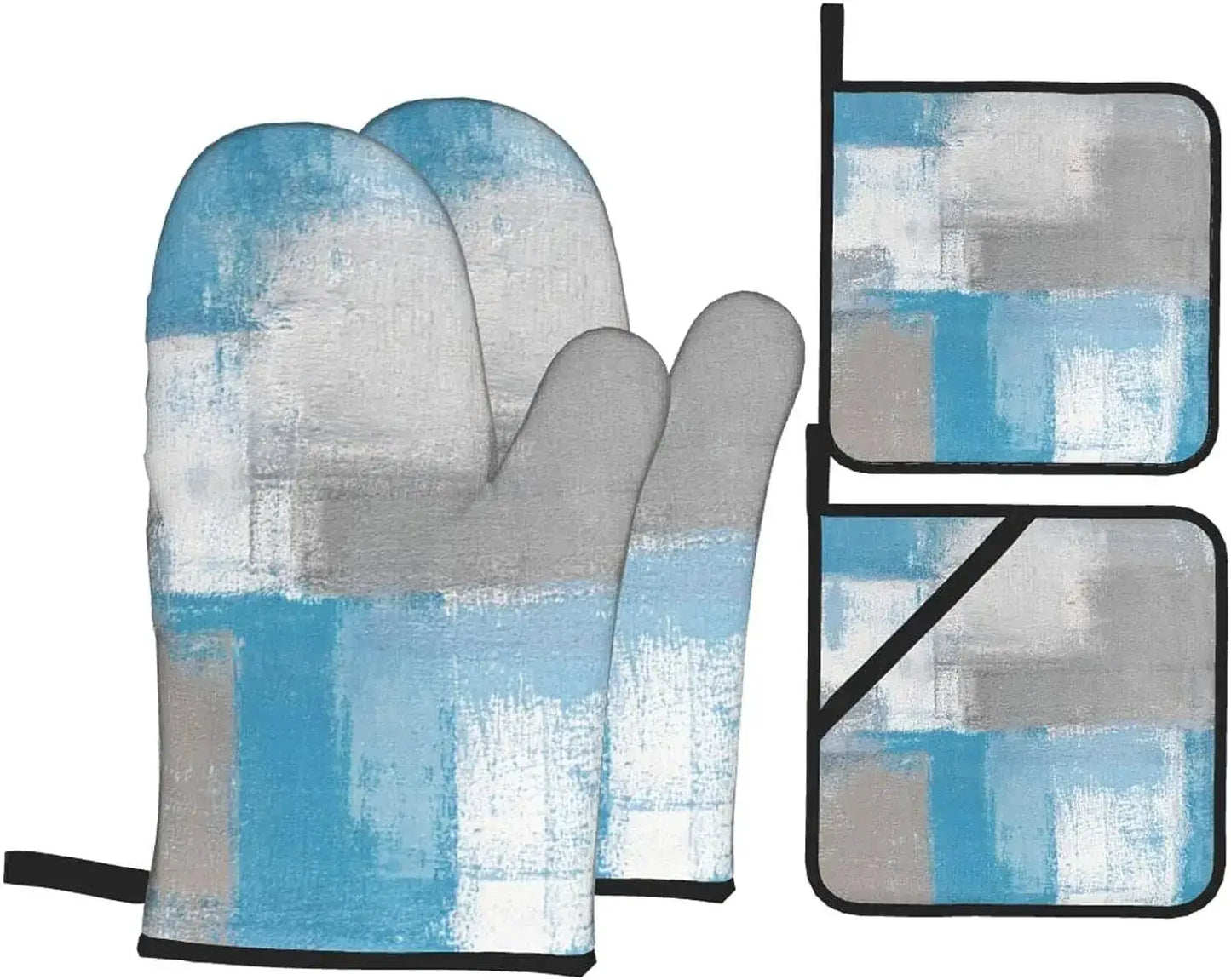 Oven Mitts Set | Abstract Art Blue Grey | Polyester Heat Resistant | 4-Piece Set