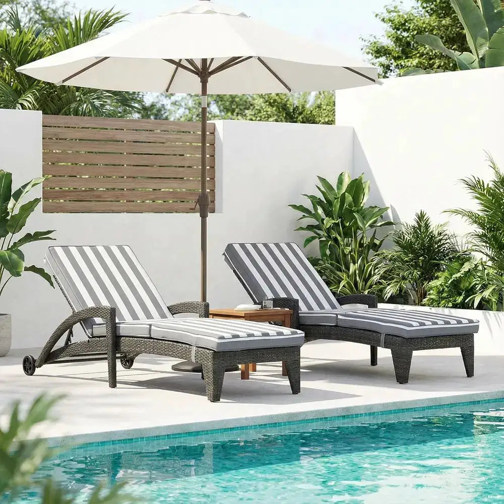 2-Piece Upholstered Adjustable Outdoor Chaise Lounge Set, 80 Long Wicker Pool Lounge Chairs with Wheels, Stripe Pattern from PriceLows™