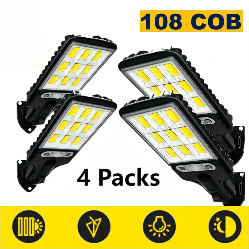 1/2/4Pack Solar Street Lights, 108 COB LED Outdoor Wall Lights with Remote Control and Motion Sensor, Adjustable 3 Modes 1000mah from PriceLows™