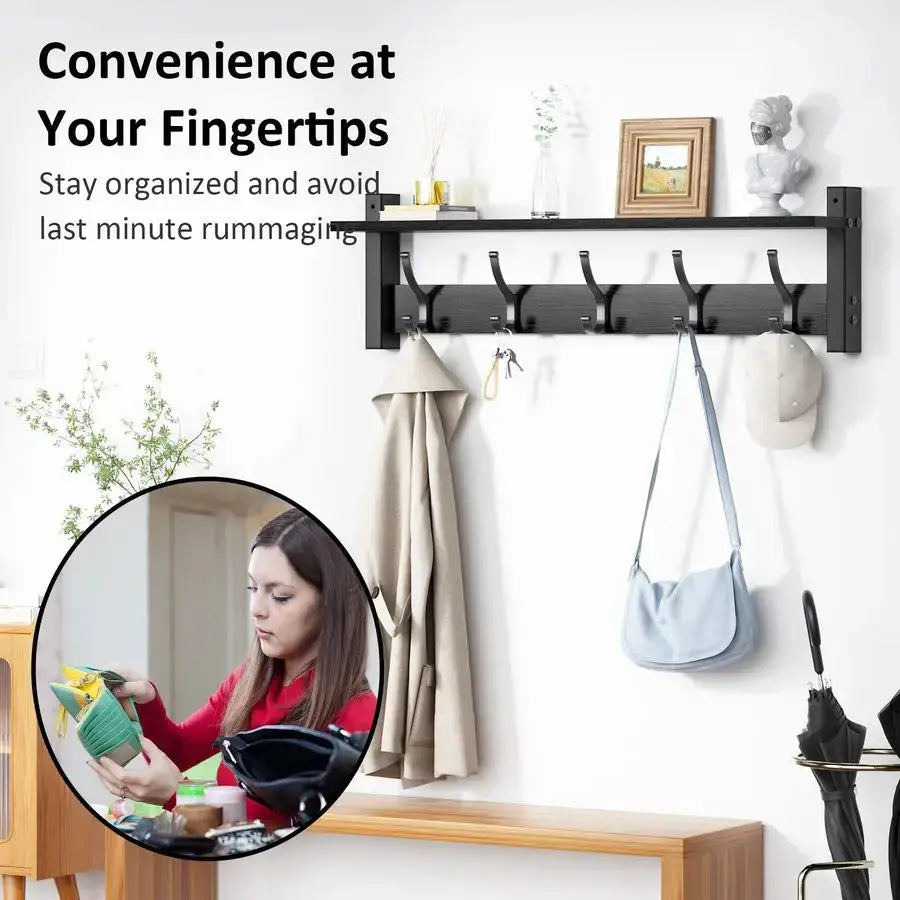 Coat Rack Wall Mount with Shelf, 24 Inch Coat Hanger Walls Mounted, Hat Rack for Walls, Shelf with 5 Coat Hooks, Wall Hanger for from PriceLows™