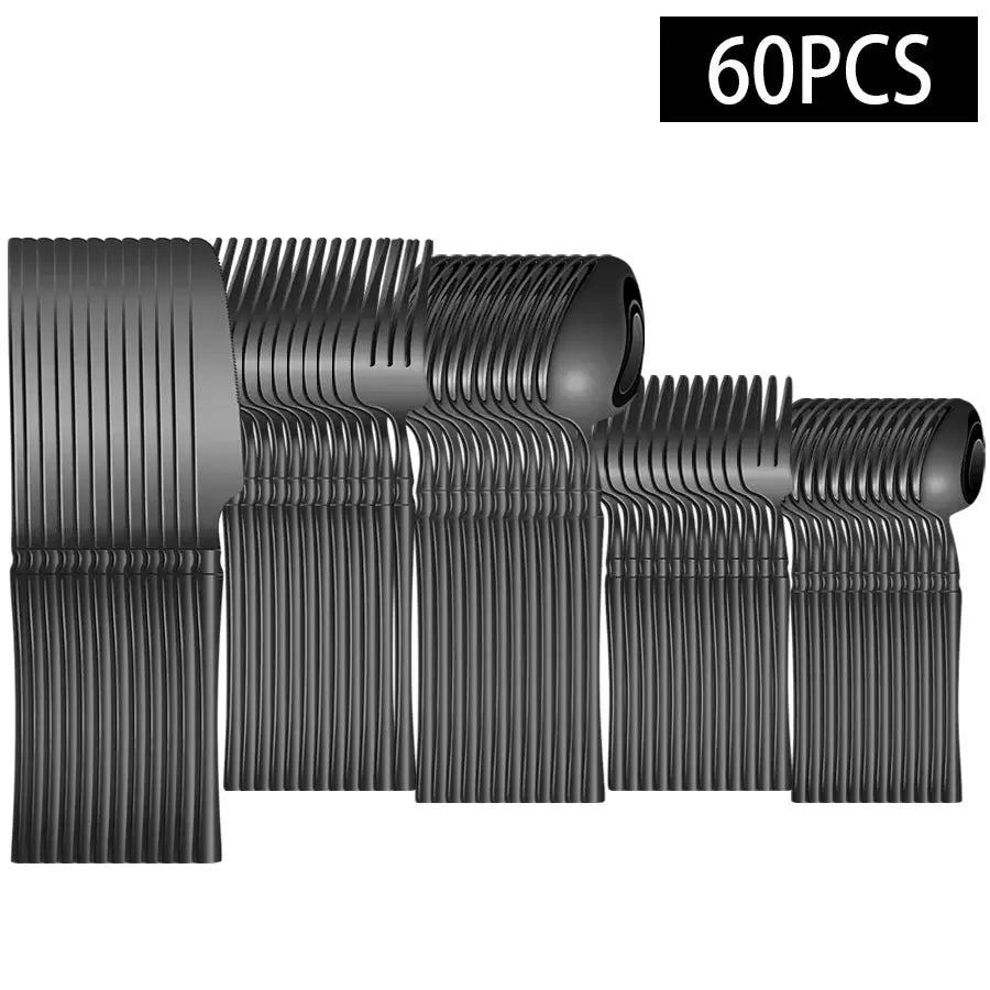 40/60-piece black stainless steel cutlery set, mirror polished, including dinner forks, steak knives, and soup spoons, suitable from PriceLows™
