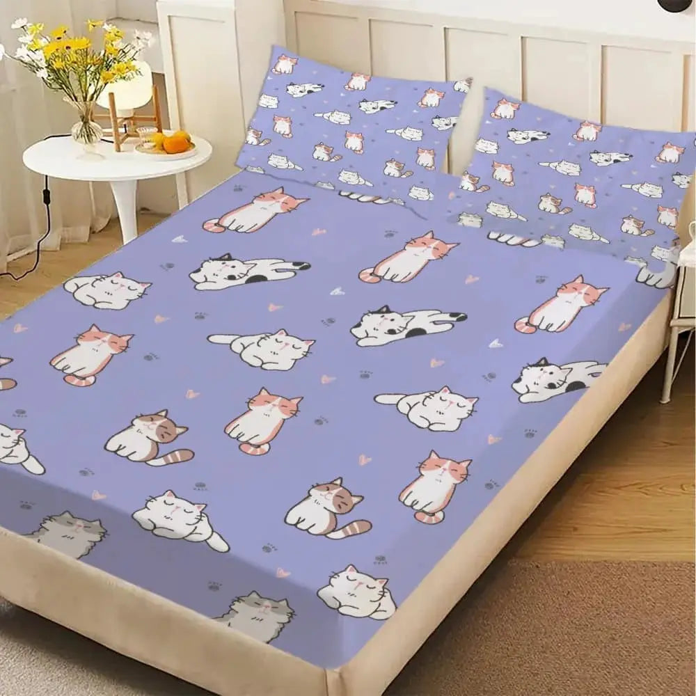 1pc Cute Cartoon Cats Print Fitted Sheet Deep Pocket Elastic Mattress Cover Single Double Queen King Bedroom Decor from PriceLows™