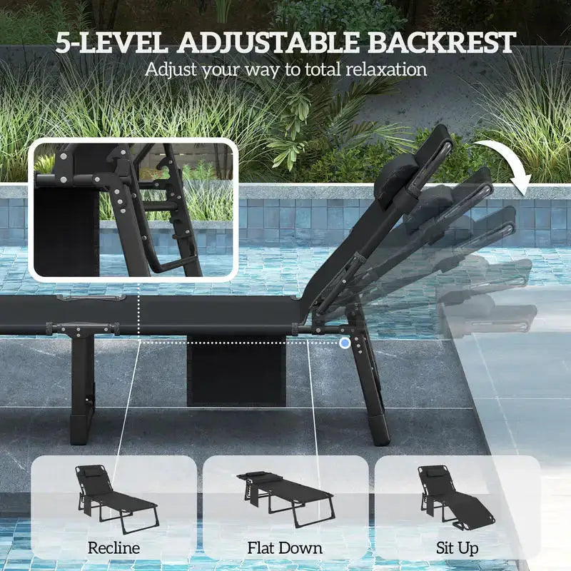 Outsunny Folding Chaise Lounge Chair Outdoor Tanning Chair with 5-Position Backrest, Cushion, Side Pocket, Black from PriceLows™