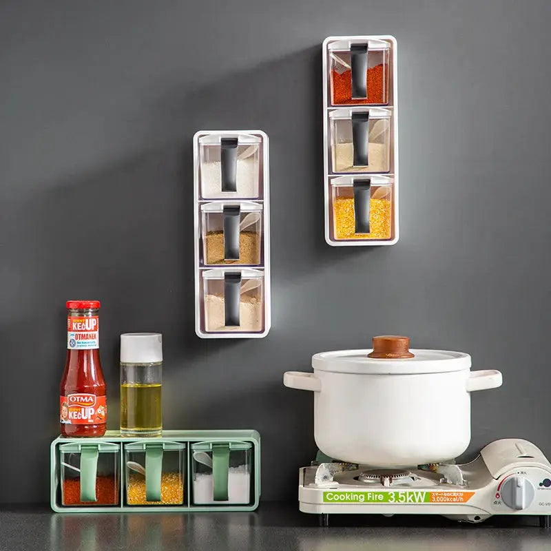 Spice Jars Set | 390ml | Three-Compartment Wall Mount | 3 Jars
